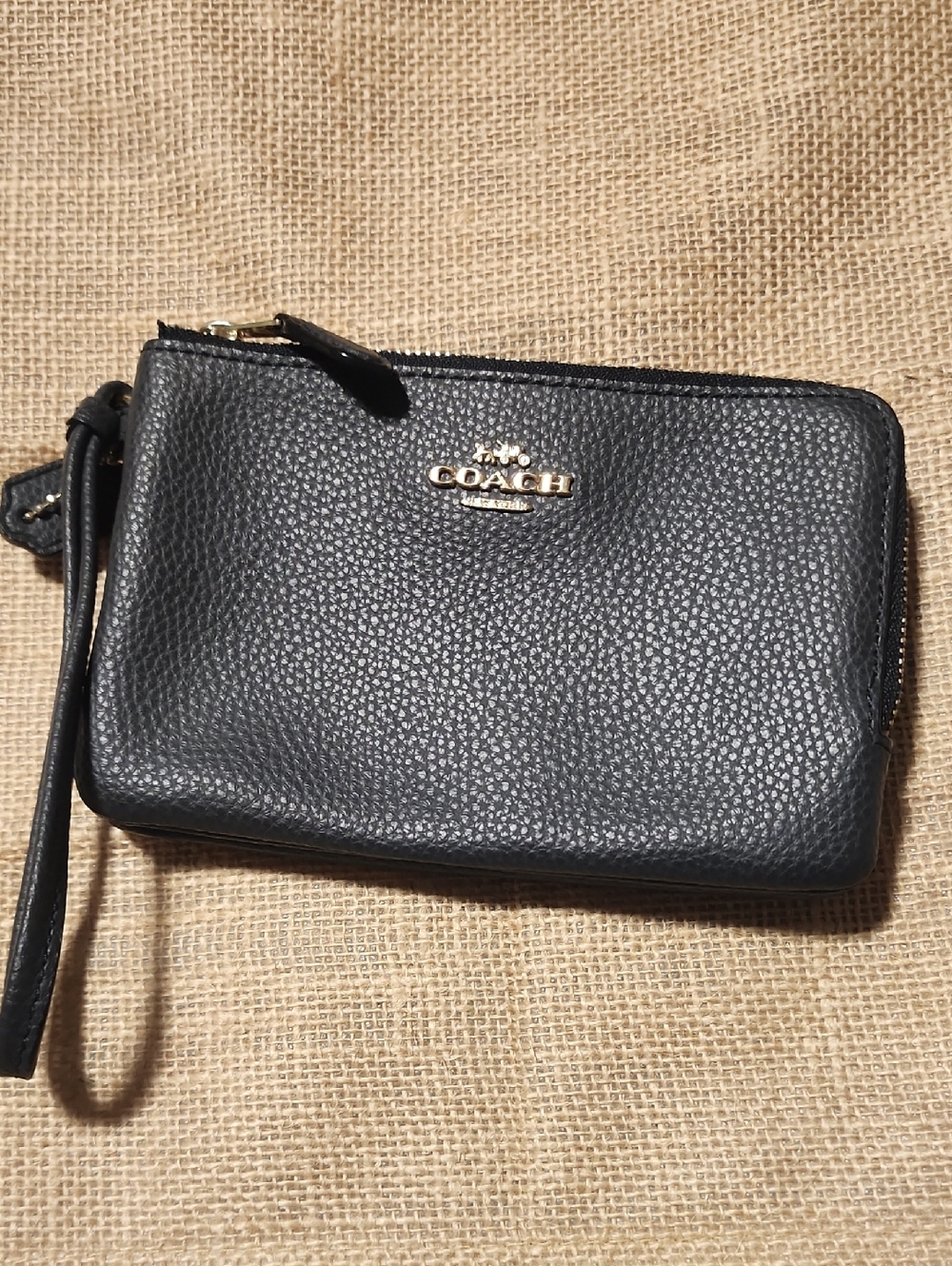 Coach Black Pebbled Leather Zip Wristlet with Gold Logo